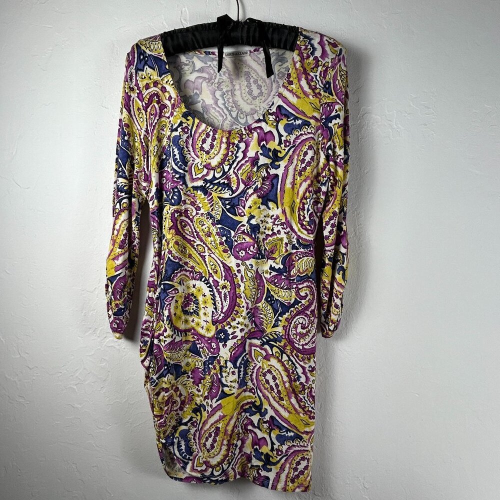 Loris Azzaro Women Scoop Neck Paisley Print Long Sleeve Ruched Sheath Dress Sz 8